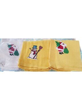 Kitchen Towel Embroidered 100%  Set 3 Cotton 2 Yellow 1 White  Holiday Santa Sno